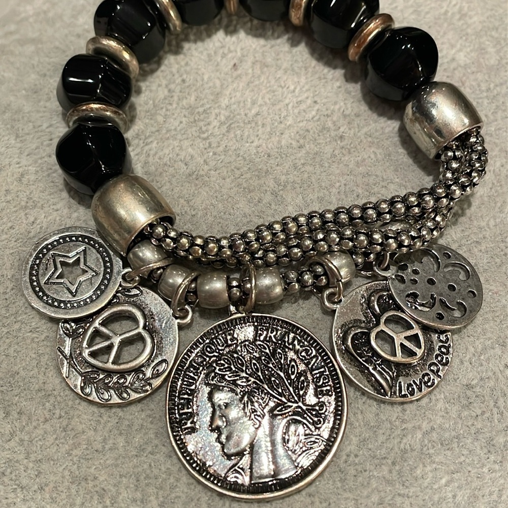 Vintage French Parisian Coin Peace Love Butterfly Angel Wings Coin Bracelet